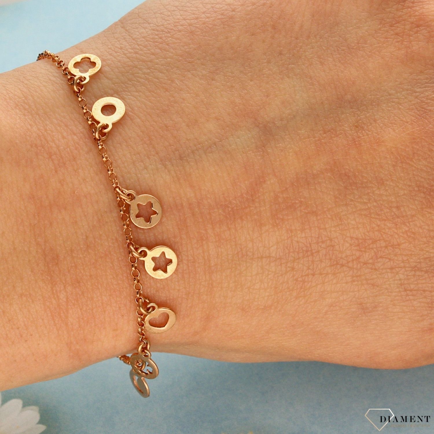 Bransoletka wiszące kółeczka srebrna z różowym pozłacaniem B RM 20549R (1).jpg